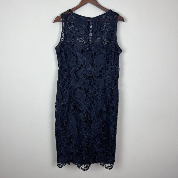 ADRIANNA‎ PAPELL Dress 16 Navy Blue Floral Lace Sheath Sleeveless Knee Length - Picture 1 of 12
